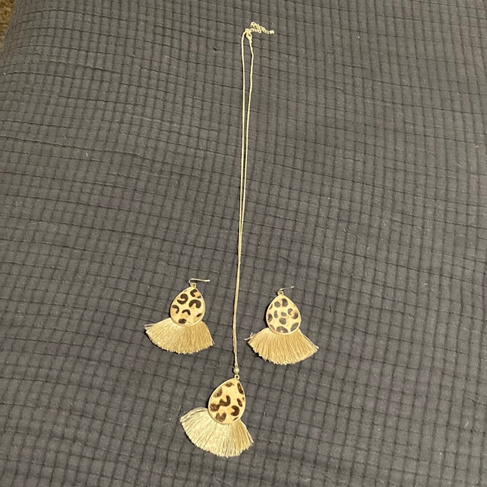 Cheetah print tassel necklace and earring set